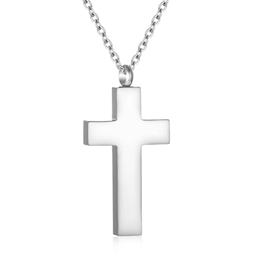 In Loving Memory Engraved Cross Cremation Necklace - Stainless Steel Memorial Urn Pendant for Ashes, Faith-Based Keepsake Jewelry for Loved Ones Silver