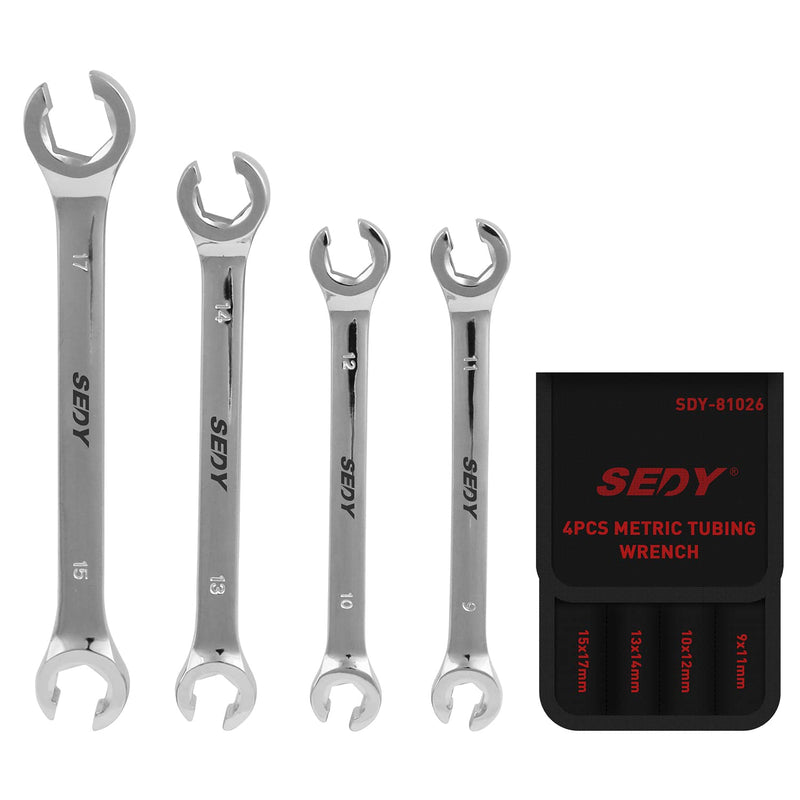 [Australia - AusPower] - SEDY 4-Piece Flare Nut Wrench Set, Offset End Spanner Metric 9 10 11 12 13 14 15 17mm, CR-V Steel Storage Pouch Repair and Remove Nuts on Fuel Tube Hose Transmission Line 