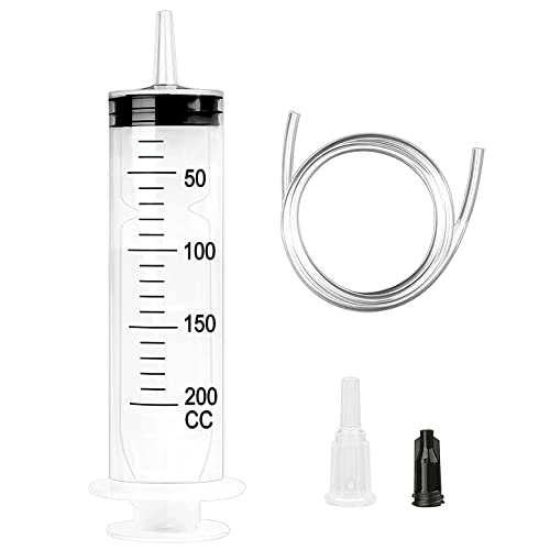 Large Syringe 200 ml with Hose and Stopper | Plastic Syringe Reusable Liquid Syringe for Laboratory, Industrial, Garden and Pet Feeding, White