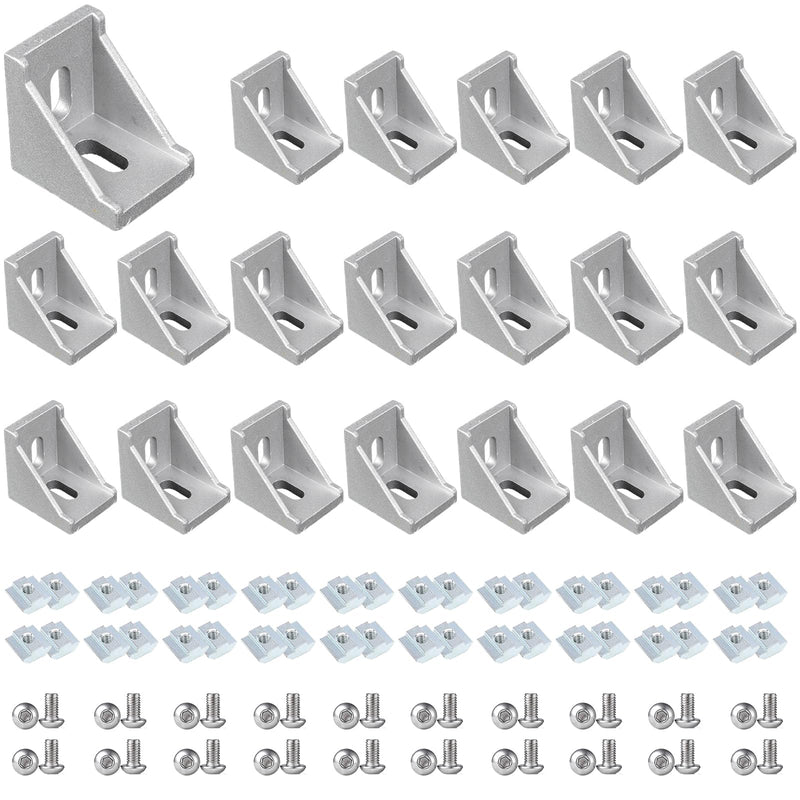 [Australia - AusPower] - 20 Set 2020 Series Aluminum Extrusion Profile Connector with 2028 Corner Bracket, 42pcs T-Slot Sliding Nuts and Hex Screw Bolt Include a Wrench, for 6mm 20S Extruded AL Profile Rail Reinforcing 90 Degree Silver 