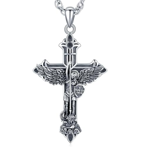 Aniu 925 Sterling Silver Saint Medal Necklace Religious Amulet Jewelry Gift St Michael Cross Necklace - A
