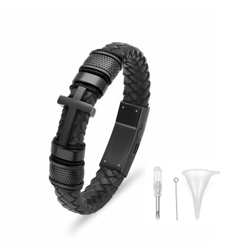 constantlife Cross Cremation Bracelet for Ashes Stainless Steel Urn Memorial Jewelry Braided Leather Wristband Bangle Faith Religious Christian Keepsake for Men Women Black 22cm