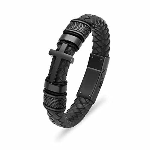 Minicremation Cross Cremation Jewelry Urn Bracelet for Ashes Genuine Leather for Women Men Keepsake Memorial Cuff Bangle Braided Wristband Bracelet for Men Black-A 22cm/8.66"