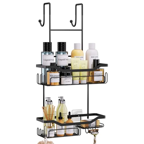 HapiRm Hanging Shower Caddy Over the Door with Soap Holder, No Drilling Adhesive Shower Organizer with 11 Hooks, Rustproof & Waterproof 304 Stainless Steel Bathroom Shelves - Black A-Black 2-tier