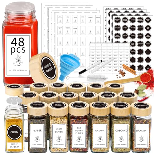Aliggbent Spice Jars with Lable, 48 Pcs 4 oz Glass Spice Jars with Bamboo Lids, Spice Containers Bottles, Glass Seasoning Jars with Shaker Lids, Collapsible Funnel, for Spice Racks, Pantry,Cupboard 48PCS/4OZ