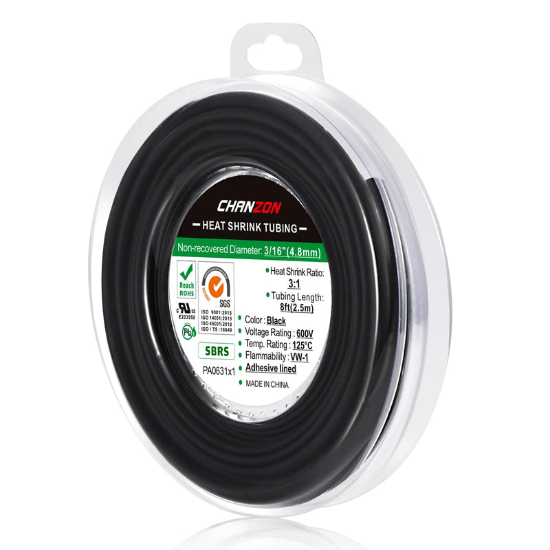 [Australia - AusPower] - Chanzon 3:1 Ratio 3/16" (4.8mm) Heat Shrink Tubing - Marine Grade Waterproof Adhesive Lined - 8Ft Roll (2.5M Total Length) Black Polyolefin Sleeving Wrap Shrinking 3 to 1 Ratio 1pcs 4.8mm (3/16") - 8FT 