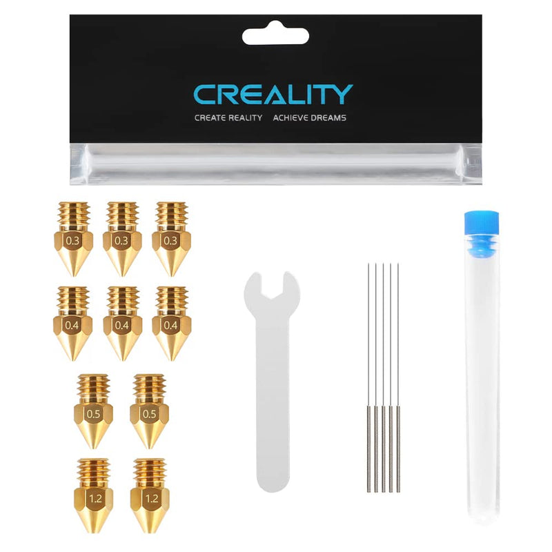 Official Creality MK8 Extruder Nozzles Kit with 10 Pcs 3D Printer Nozzles and 5 Pcs Nozzle Cleaning Cleaners and 1 Pcs Open Nozzle Wrench for Ender 3 Series/Ender 5 Series/CR-10 3D Printer B-Nozzle Tool Kit