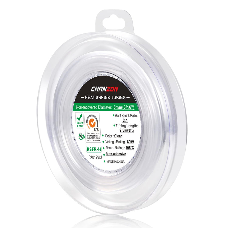 [Australia - AusPower] - Chanzon 2:1 Ratio 3/16" (5mm) Heat Shrink Tubing 8Ft Roll (2.5M Total Length) Clear/Transparent Polyolefin Sleeving Wrap Shrinking 2 to 1 1pcs 5mm (3/16") - 8FT Transparent 