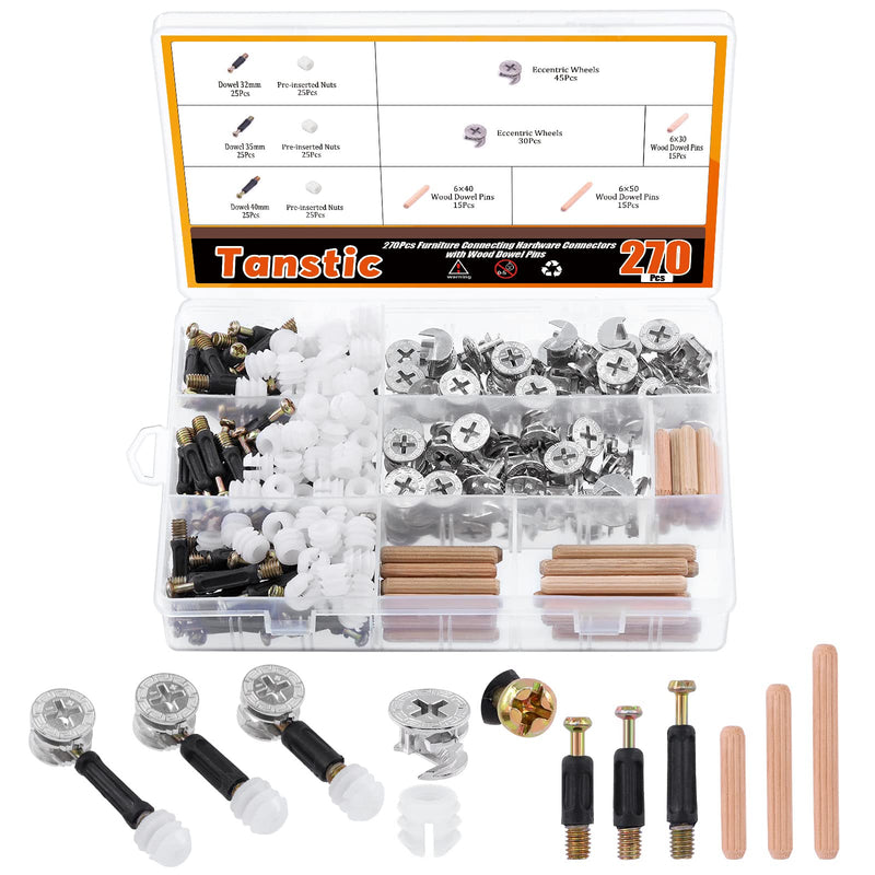 [Australia - AusPower] - Tanstic 270Pcs 3 in 1 Furniture Connecting Hardware Connectors Kit, Furniture Cam Lock Fasteners Including Cam Lock Fittings with Dowel, Pre-Inserted Nut, Wood Dowel Pins Furniture Crib Screws 