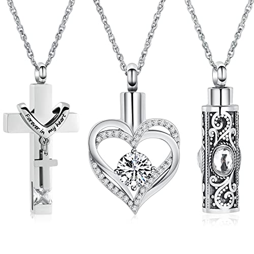 shajwo 3 Pack Urn Necklace for Ashes for Women Gilrs Heart Cross Cylinder Cremation Jewelry for Ashes Memorial Keepsake Birthstone Pendant White