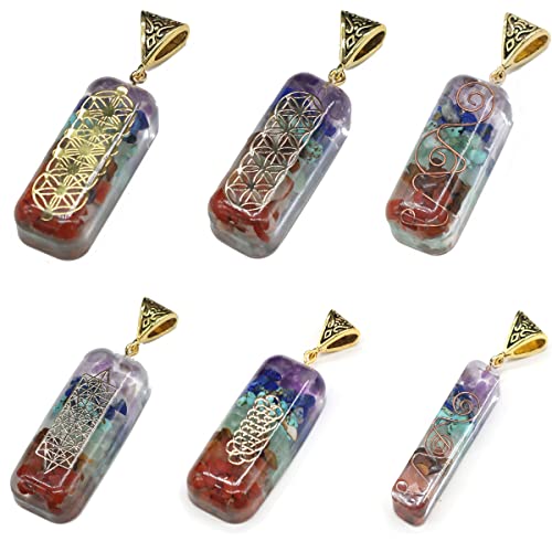LE SKY 6 Pcs Natural Orgone Stone Pendants Rectangle Shape Various Seven Chakra Tumbled Chip Stone Reiki Symbol Resin Pendant for Meditation Yoga Balance Energy
