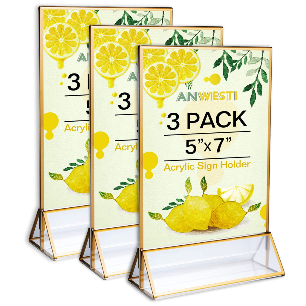 Gold Frames Acrylic Sign Holder 5×7in, Menu Holder Acrylic Table Numbers for Wedding Reception, Gold Picture Frame 5x7-3 Pack