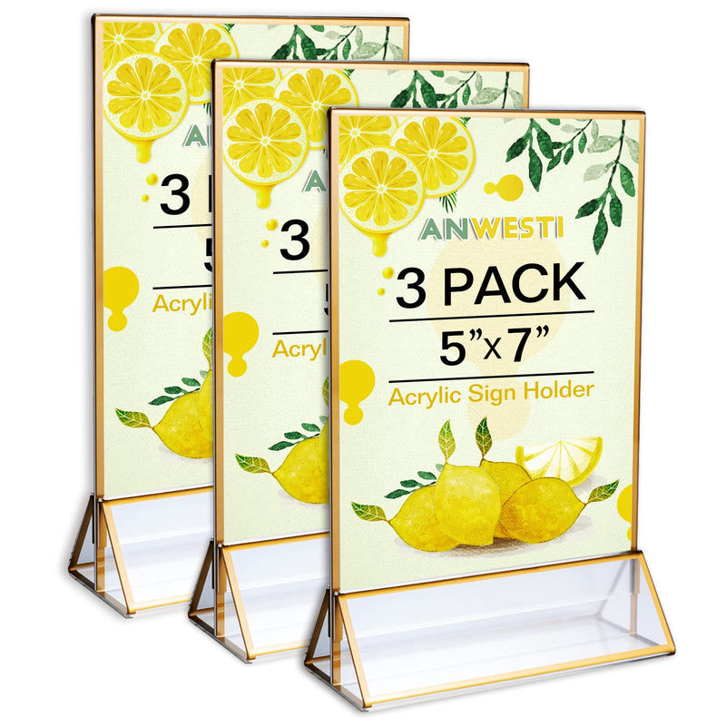 Gold Frames Acrylic Sign Holder 5×7in, Menu Holder Acrylic Table Numbers for Wedding Reception, Gold Picture Frame 5x7-3 Pack