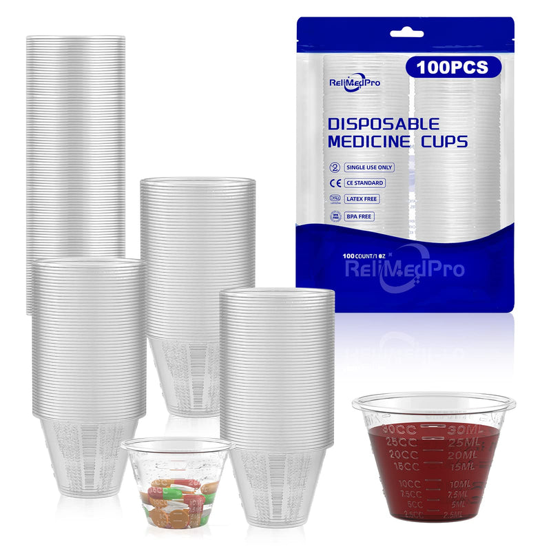 ReliMedPro Pack of 100 Medicine Measuring Cups 1oz (30ml) - Made of Clear Polypropylene with Measuring Scales for Liquid Medication, Resin, Paint & Pills