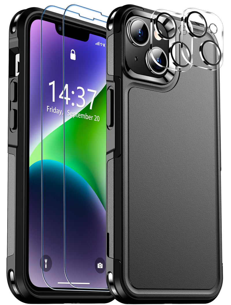 [Australia - AusPower] - SPIDERCASE for iPhone 14 Case/iPhone 15 Case, [15 FT Military Grade Protection] 2 Pack [Tempered Glass Screen Protectors+Camera Lens Protectors] Heavy Duty Shockproof Case, Black 