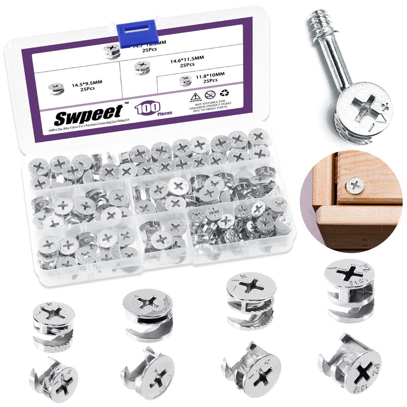 [Australia - AusPower] - Swpeet 100Pcs 4 Sizes 3 in 1 Furniture Connecting Cam Lock Fittings Assortment Kit, Fastener Cabinet Connectors Hardware Bolts Furniture Connecting Lock Nut for Closets Bed Furniture Connecting 