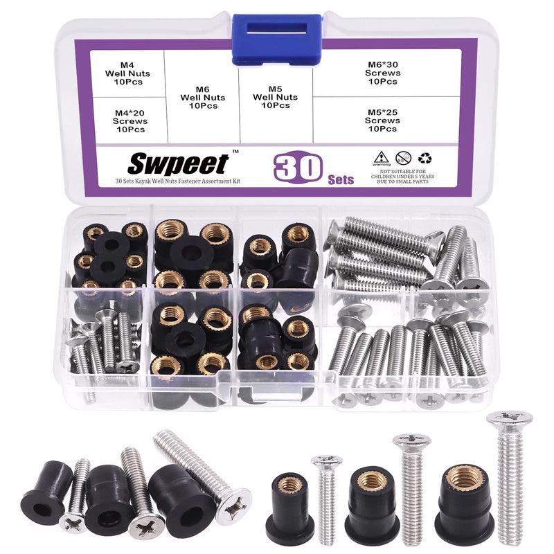 [Australia - AusPower] - Swpeet 60Pcs 3 Sizes M4 M5 M6 Neoprene Well Nut with M4 x 20mm M5 x 25mm M6 x 30mm Stainless Steel Pozi Screws Brass Copper Bolts Well Nut Kit Compatible with Kayak Paddles Clips 