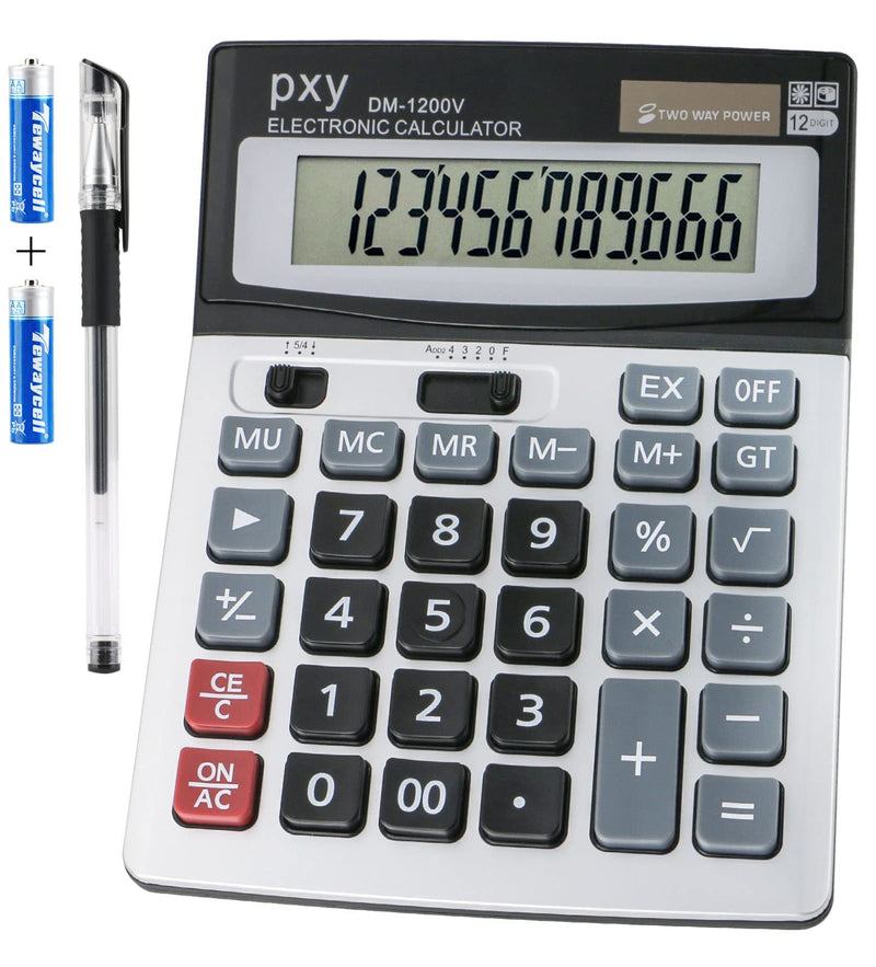 [Australia - AusPower] - Desk Calculator 12 Digit Extra Large LCD Display, Touch Comfortable with Big Buttons, PXY Two Way Power Battery and Solar Standard Function Office Calculators 