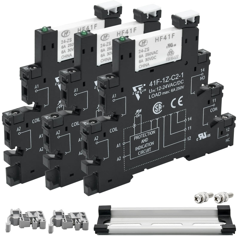 [Australia - AusPower] - 3Pcs Electromechanical Relay Black Miniature Power Relay 24VDC and 24VAC HF41F/24-ZS 6Amp SPDT with LED Light, DIN Rail, Ultra Small and Thin Socket Black Screw Socket C2 3 