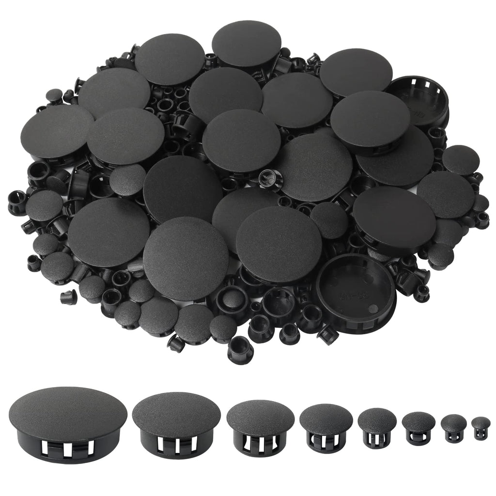 320Pcs 8 Sizes Black Plugs Hole Plastic Hole Plugs Hole Round Plugs, Plastic Hole Cover Snap in Locking Hole Plugs for Kitchen Cabinet Furniture (3/16, 1/4,5/16, 3/8,1/2, 5/8, 1, 11/2)