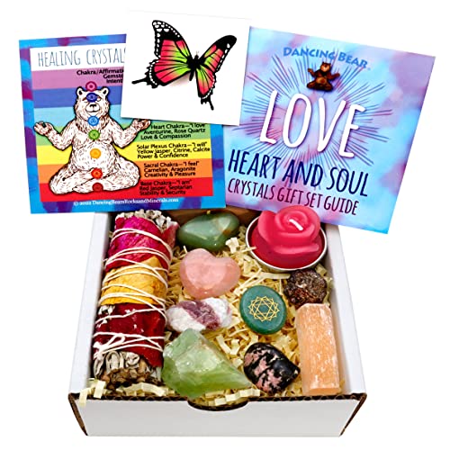 DANCING BEAR Healing Crystals (11 pc) Gift Set to Attract & Share Love, Rose Quartz Heart, Pink Tourmaline, Sage, Rhodonite, Butterfly Tattoo, Aventurine Heart Chakra Stone, Selenite, Made in The USA