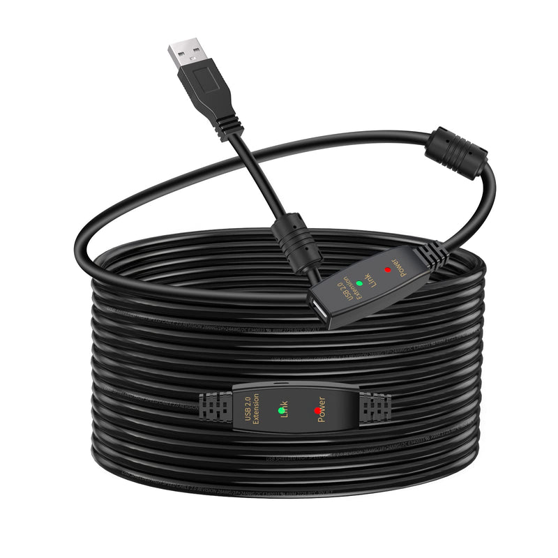 50FT Active USB Extension Cable 2.0 Male to Female with A Extension chipset Signal Booster - Active Extension/Repeate 50FT USB 2.0 Extension Cable Black