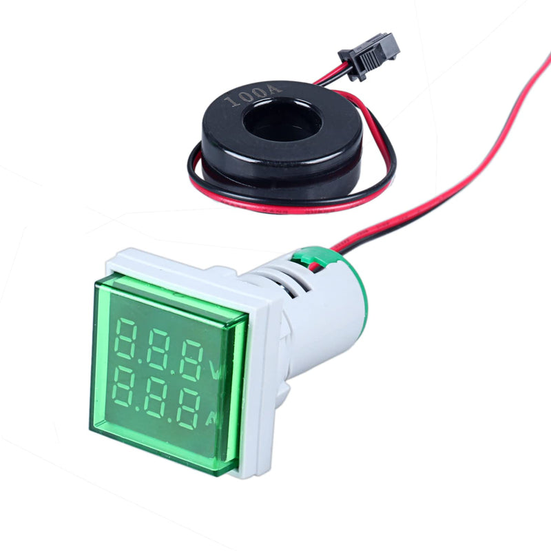 [Australia - AusPower] - LED Display Voltmeter, AC Voltage Amp Meter, 22mm Square Dual Display Panel Voltmeter Ammeter AC 0-100A 60-500V Meter Indicator, Voltage Tester Current Detector (Green) Green Dual-tester 