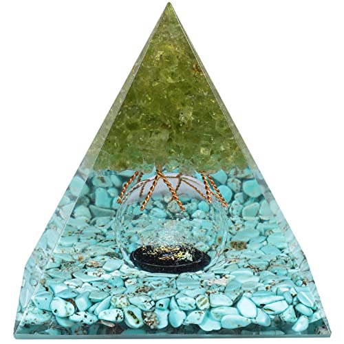 Nupuyai Tree of Life Orgone Crystal Pyramid for Meditation Spiritual Healing, Energy Generator Stone Pyramid with Crystal Sphere for Home Office Decor, Olivine and Blue Howlite Turquoise