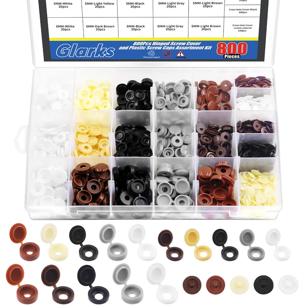 Glarks 800Pcs 2 Styles 9 Colors Screw Cap Covers Assortment Kit, 300Pcs 4mm 5mm 6mm Hinged Screw Cover Caps Fold Screw Snap Covers Washer Flip Tops and 500Pcs Phillips Screws Head Hole Cap Covers Set