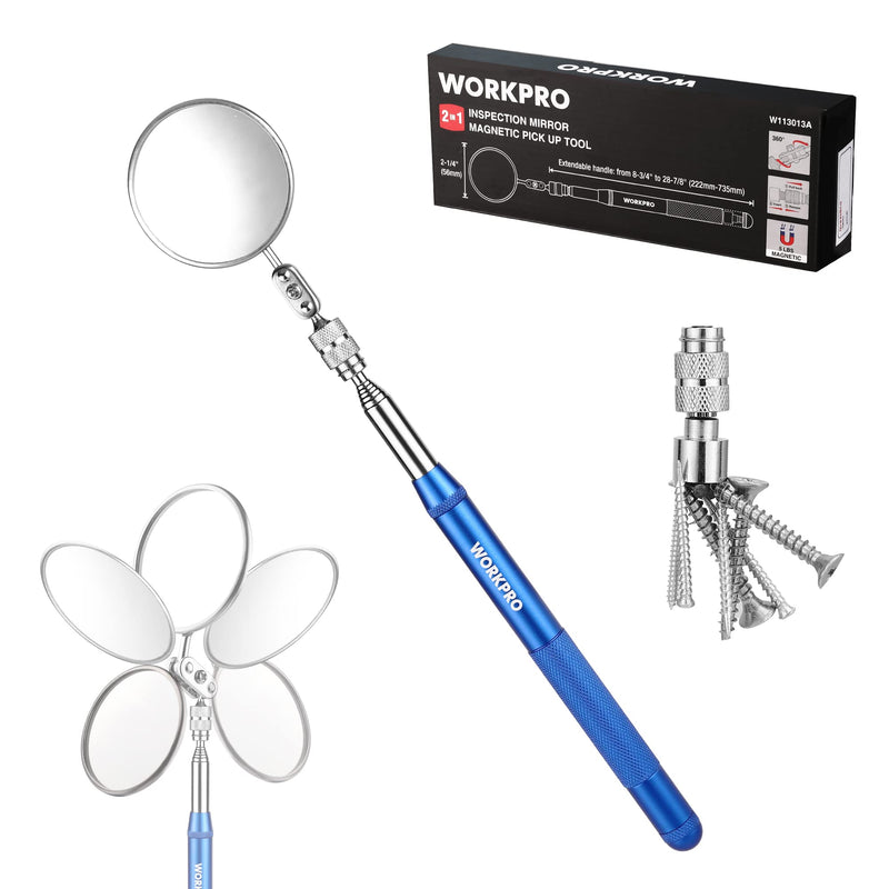 WORKPRO 2-in-1 Telescoping Inspection Mirror with Telescoping Magnetic Pick-Up Tool, Round Mirror, Extendable Mirror up to 30in; Non-Slip Handle; 360° Inspection Mirror Telescoping Swivel Head