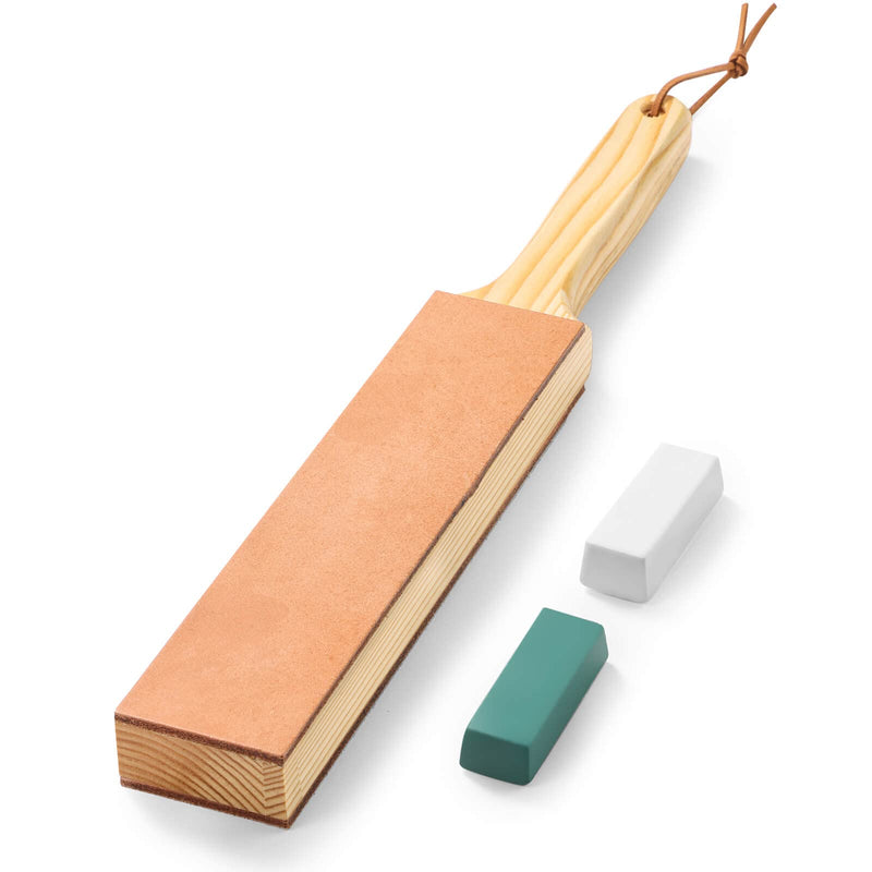 [Australia - AusPower] - Double Side Leather Strop for Knife Sharpening - 14"x 2" Stropping Block Kit with Polishing Compound, Knife Strop with Ergonomic Handle for Honing Knives, Woodworking Chisels 