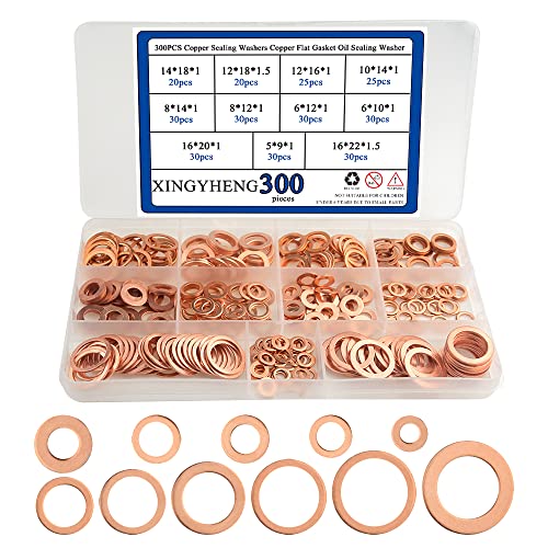XINGYHENG copper sealing washers and flat gaskets in assorted M5–M16 sizes, 300-piece storage box set