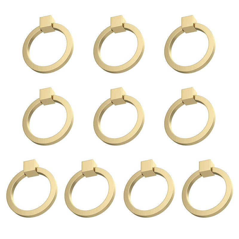 RZDEAL 10Pcs 2.0" x 1-7/8" Solid Brass Pulls for Dresser Drawer Ring Pulls Furniture Hardware Brushed Gold Wardrobe Door Handles 10