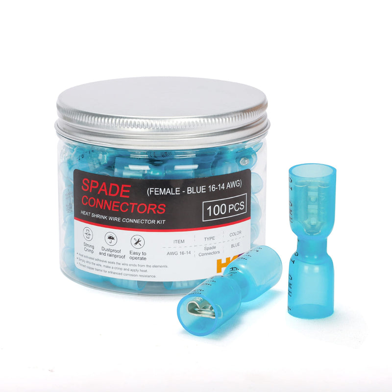 [Australia - AusPower] - HKS 100PCS Female Spade Connector Blue 16-14 AWG - Heat Shrink Electrical Quick Disconnect Wire Connectors Kit - Tinned Red Copper - Automotive Marine Crimp Connectors - Waterproof and Insulated Female Spade Terminal 