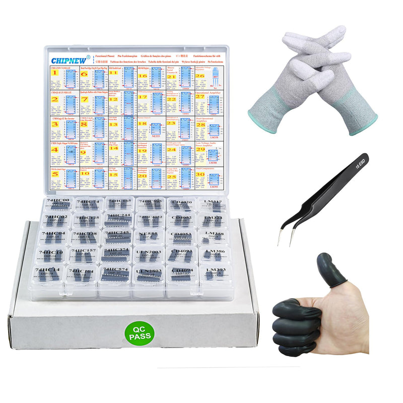 [Australia - AusPower] - Learning +Repair +Collector's Kit 60Pcs 30-in-1 IC Assortment Kit: Logic Gates 74HCXX+CD40XX, 555Timers, LM358 Amplifiers, Transistors & More! with Cushioned Organizer & ESD Protection Gear 0A:XXL Integrated Learning Suite 