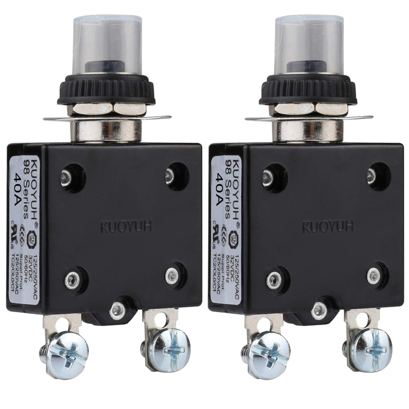 [Australia - AusPower] - Thermal Circuit Breaker,98 Series 40A 125/250VAC Circuit Breaker Push-Button Reset with Quick Connect Terminals and Waterproof Button Cover 32VDC Thermal Overload Circuit Breaker - 40 Amp, 2Pcs 40A-L 