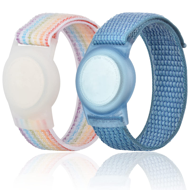 [Australia - AusPower] - Kids Wristband Compatible with Apple AirTag, Protective Case for Air Tag GPS Tracker Holder with Nylon Bracelet, Adjustable Anti Lost Watch Band for Toddler Child Elder (Rainbow A & Blue) Rainbow A & Blue 