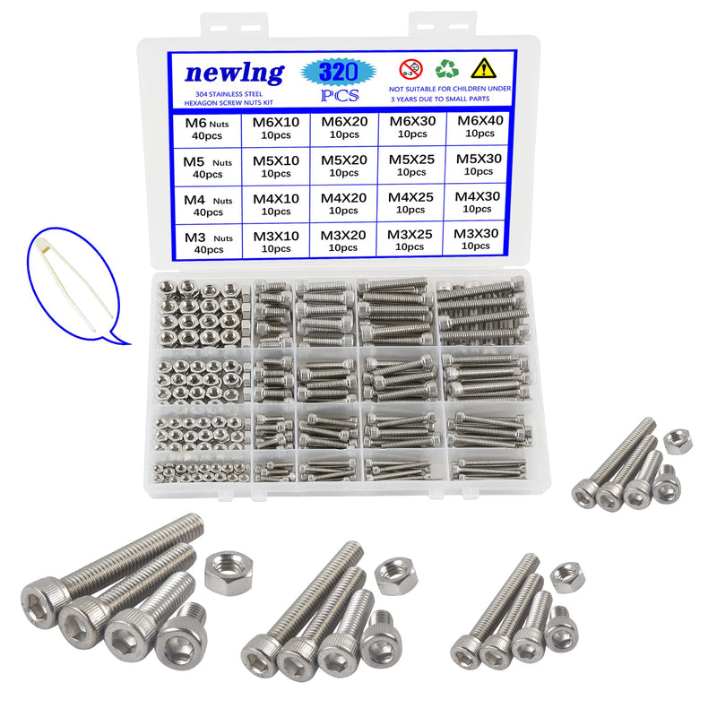 newlng Nuts and Bolts M3 M4 M5 M6 Nuts Kit 304 Stainless Steel Hex Socket Head Cap Metric Machine Screws Set for Bicycles 3D Printer Repair Furniture Fastening M3456-3