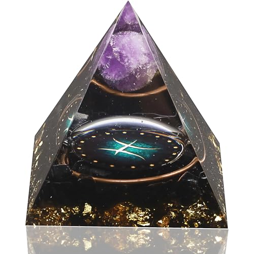 12 Zodiac Orgone Crystal Pyramid, Natural Amethyst with Obsidian,Healing Crystals Pyramid for Protection Chakra, Unique Constellation Pyramid for Positive Energy, Healing Money Health(Pisces) Pisces