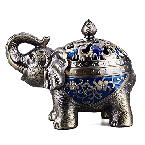 K COOL Metal Backflow Incense Holder Elephant Cone Incense Burner Candle Holder with Lid, Aromatherapy Ornament Home Office Decoration for Indoor Outdoor (Navy Blue) Navy Blue