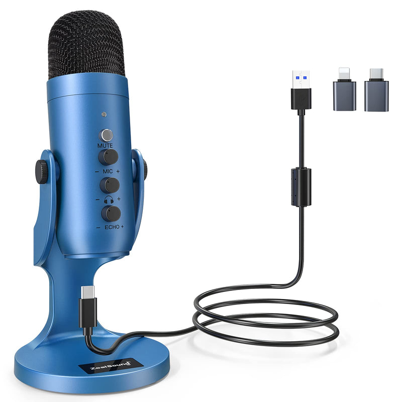 [Australia - AusPower] - ZealSound USB Microphone,Condenser Gaming Mic for Phone/Laptop/PC/PS4/5/Computer,Microphone with Gain Knob,LED Mute,Monitor Volume Adjustment,Stand Base for Streaming, Podcast, Studio Recording (Blue) Blue 