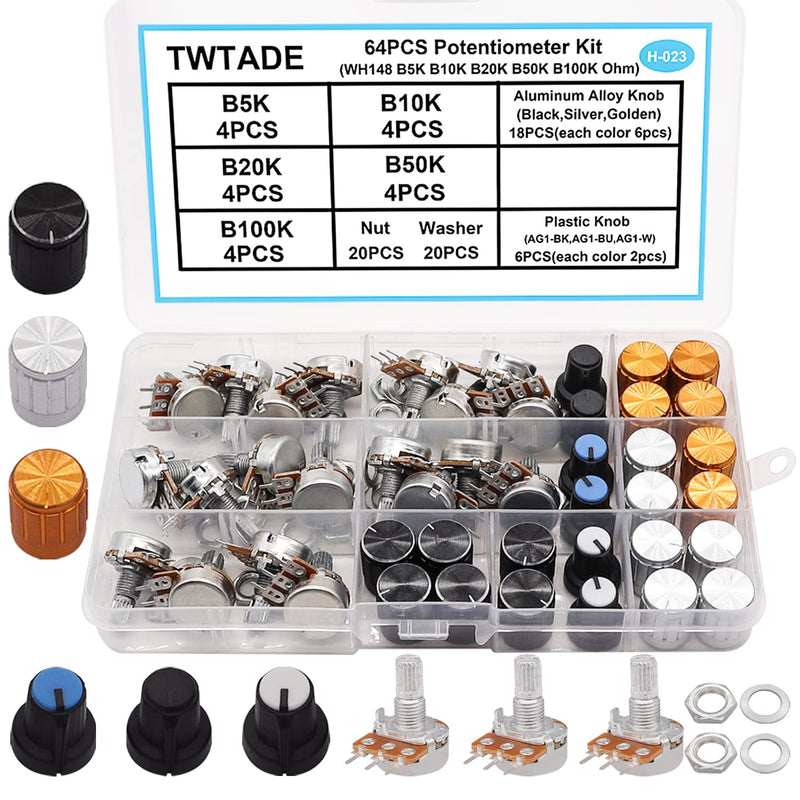 [Australia - AusPower] - TWTADE 64PCS Potentiometer Kit WH148 B5K B10K B20K B50K B100K Ohm Linear Rotary Potentiometer with Plastic Knobs,Aluminum Alloy Knobs,nuts and washers H-023 