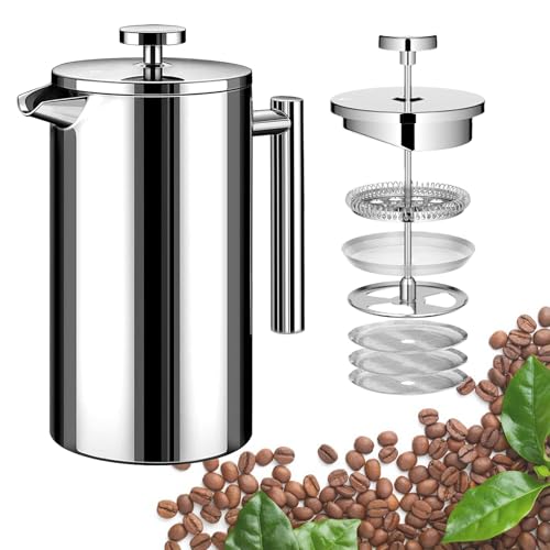 Small French Press Coffee Maker 1 Cup - 12oz/350ml Single Cup Metal French Press(1 Cup), Stainless Steel Double Wall Insulated Coffee & Tea Maker w/ 3 Extra Screens + 1 Spoon (Silver), Dishwasher Safe Silver 12oz | 1 to 2 Cups