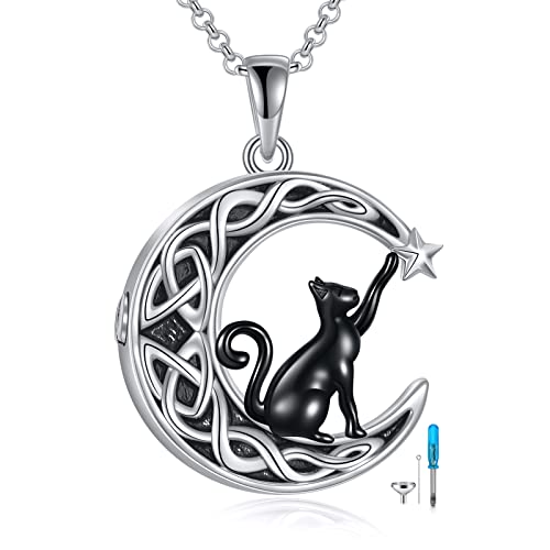 925 Sterling Silver Moon Black Cat Necklace for Women Cat Jewelry E-Moon Black Cat Urn Necklace