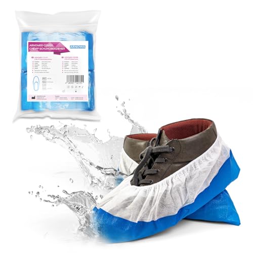 50 x Arnomed CPE + PP Disposable Shoe Covers 9 g Premium | Rutschfeste Überzieher Schuhe Weiß/Blau, Schuhschutz Überzug bis Gr 47, Maße: 17x40cm, robuste Überschuhe für die Baustelle 050pcs