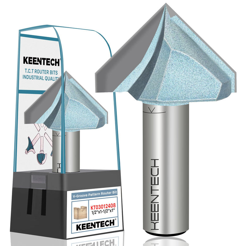 [Australia - AusPower] - KEENTECH Router Bits, Carbide Tipped 90-Degree V-Groove Router Bit for Grooving, Industrial Grade Cutting Tools for Woodworking (1/2 Inch Shank x 1-1/2 Inch Diameter x 1 Inch Depth, KT03012408) 1/2"(Shank)*1-1/2"(Dia.)*1"(Depth) 