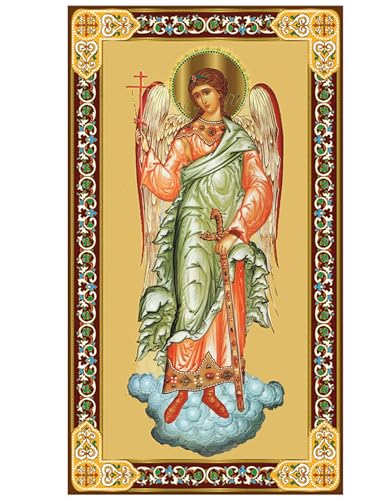 Needzo Guardian Angel Icon Orthodox Catholic Icon Protector Angel with Sword and Three Bar Cross Gold Foil 4 3/4 Inch, Religious Gifts