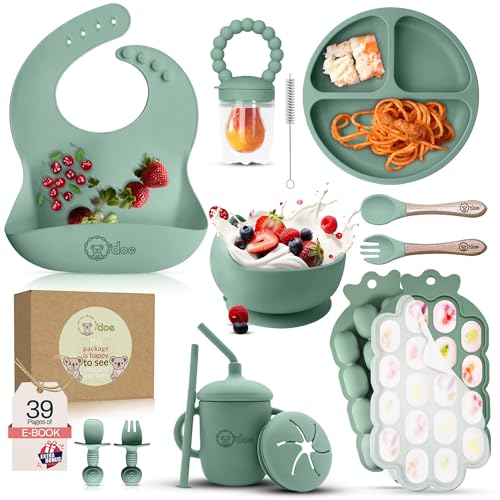 O'doe Baby Weaning Set – 15 Pcs Silicone Baby Feeding Set with Suction Plate, Bowl, Bib, Sippy Cup, Fruit Feeder & Freezer Tray – Baby Plates and Bowls Set for 3M+ | BPA-Free Baby Dishes & Utensils Green V5: Nurture Pack [15 Pieces]
