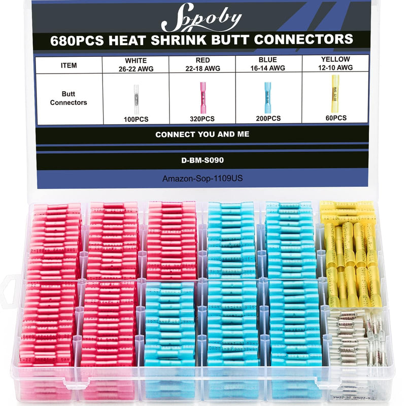680PCS Heat Shrink Butt Connectors, Sopoby Marine Grade Electrical Wire Connectors Kit, Tinned Red Copper Insulated Waterproof Crimp Terminals Butt Splice for Cable,Boat,Wiring