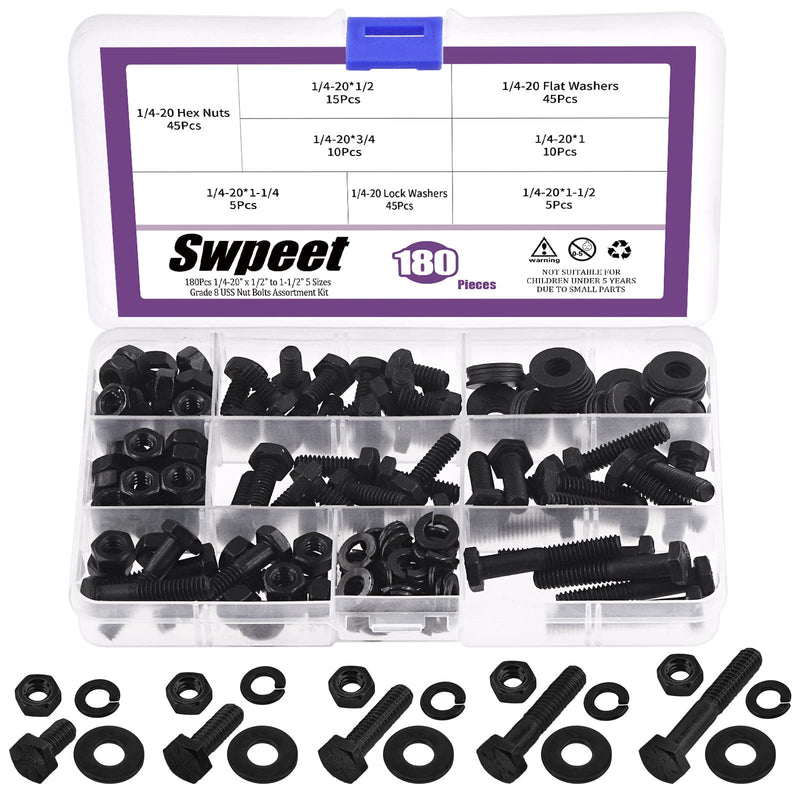 [Australia - AusPower] - Swpeet 180Pcs 1/4-20" x 1/2" to 1-1/2" 5 Sizes Black Zinc Finish Carbon Steel Grade 8 USS Nut Bolts Assortment Kit, Heavy Duty Bolt Nut and Washer Assortment Coarse Thread Hex Head Cap Screws Bolt 1/4 Inch 